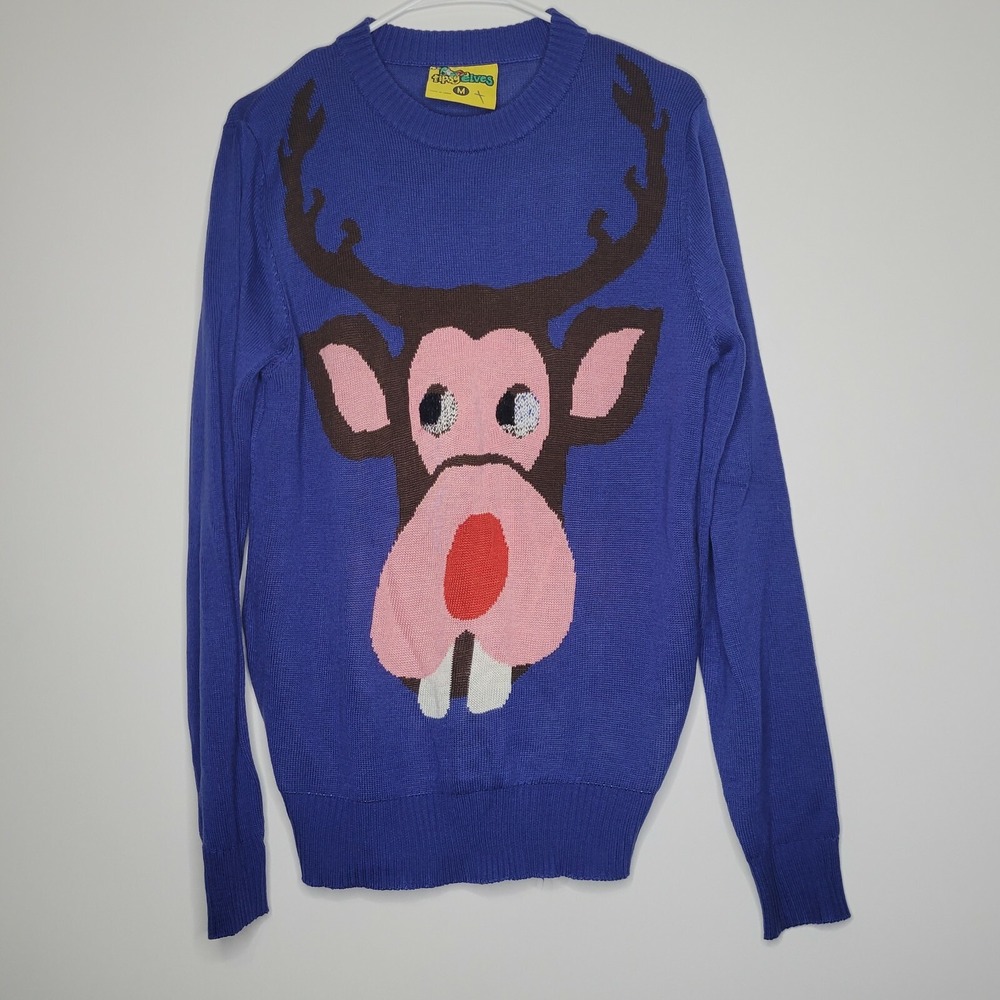 Tipsy Elves Men Size M Rudolph Reindeer Blue Ugly Christmas Sweater